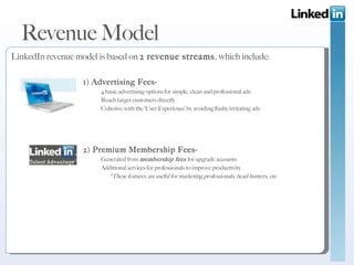 Revenue Model 1) Advertising Fees- 4 basic advertising options for simple, clean and professional ads Reach target customers directly  Cohesive with the ‘User Experience’ by avoiding flashy/irritating ads 2) Premium Membership Fees-  Generated from  membership fees  for upgrade accounts Additional services for professionals to improve productivity *These features are useful for marketing professionals, head hunters, etc  LinkedIn revenue model is based on  2 revenue streams , which include: 