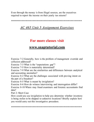 Even through the money is from illegal sources, are the executives
required to report the income on their yearly tax returns?
**********************************************************
AC 465 Unit 5 Assignment Exercises
For more classes visit
www.snaptutorial.com
Exercise 7-2 Generally, how is the problem of management override and
collusion addressed?
Exercise 7-3 What is the “expectations gap”?
Exercise 7-5 How is materiality determined?
Exercise 7-9 What are the similarities and differences between analytical
and accounting anomalies?
Exercise 8-2 What are the challenges associated with proving intent on
the part of a fraudster?
Exercise 8-5 What is meant by invigilation?
Exercise 8-6 How do witness interviewing and interrogation differ?
Exercise 8-10 Where may fraud examiners and forensic accountants find
data?
Part 2: Short Case
How could you use invigilation to help you determine whether inventory
is being stolen to be shipped to unknown locations? Briefly explain how
you would carry out this investigative procedure.
**********************************************************
 
