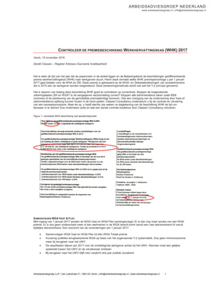 Arbeidsadviesgroep LLP | Van Laerstraat 21 | 5921JG Venlo | info@arbeidsadviesgroep.nl | www.arbeidsadviesgroep.nl 1
ARBEIDSADVIESGROEP NEDERLAND
www.arbeidsadviesgroep.nl | info@arbeidsadviesgroep.nl
CONTROLEER DE PREMIEBESCHIKKING WERKHERVATTINGSKAS (WHK) 2017
Venlo, 15 november 2016
Daniël Classen – Register Adviseur Duurzame Inzetbaarheid
Het is weer de tijd van het jaar dat de pepernoten in de winkel liggen en de Belastingdienst de beschikkingen gedifferentieerde
premie werkhervattingskas (WHK) naar werkgevers stuurt. Hierin staat vermeld welke WHK premiepercentage u per 1 januari
2017 gaat betalen voor de WGA en ZW. Deze premie is gebaseerd op de WGA- en Ziektewetuitkeringen van (ex)werknemers
die in 2015 aan de werkgever worden toegerekend. Deze berekeningsmethode wordt ook wel het T-2 principe genoemd.
Het is daarom van belang deze beschikking WHK goed te controleren op correctheid. Kloppen de toegerekende
uitkeringslasten ZW en WGA? Is de aangegeven sectorindeling correct? Kloppen alle administratieve zaken zoals BSN
nummers of de berekening van de gemiddelde premieplichtige loonsom. Ook een overgang van de onderneming door fusie of
(administratieve) splitsing kunnen fouten in de hand spelen. Classen Consultancy ondersteunt u bij de controle en uitvoering
van een bezwaarprocedure. Maar let op: u heeft slechts zes weken na dagtekening van de beschikking WHK de tijd om
bezwaar in te dienen! Dus onderneem actie en laat een eerste controle kosteloos door Classen Consultancy uitvoeren.
Figuur 1: voorbeeld WHK beschikking met aandachtspunten
SAMENVOEGEN WGA VAST & FLEX
Met ingang van 1 januari 2017 worden de WGA Vast en WGA Flex samengevoegd. Er is dan nog maar sprake van een WGA
premie. Er is dus geen onderscheid meer of een werknemer in de WGA terecht komt vanuit een vast dienstverband of vanuit
tijdelijke dienstverband. Een overzicht van de veranderingen per 1 januari 2017:
 Samenvoegen WGA Vast en WGA Flex tot één WGA Totaal premie
 Invoering publieke terugkeerpremie WGA op basis van het zogenaamde T-2 systematiek. Dus geen minimumpremie
meer bij terugkeer naar het UWV
 De staartlasten blijven per 2017 voor de (middel)grote werkgever achter bij het UWV. Hiermee moet een gelijker
speelveld tussen het UWV en de verzekeraar ontstaan
 Bij terugkeer naar het UWV blijft men verplicht drie jaar publiek verzekerd
 