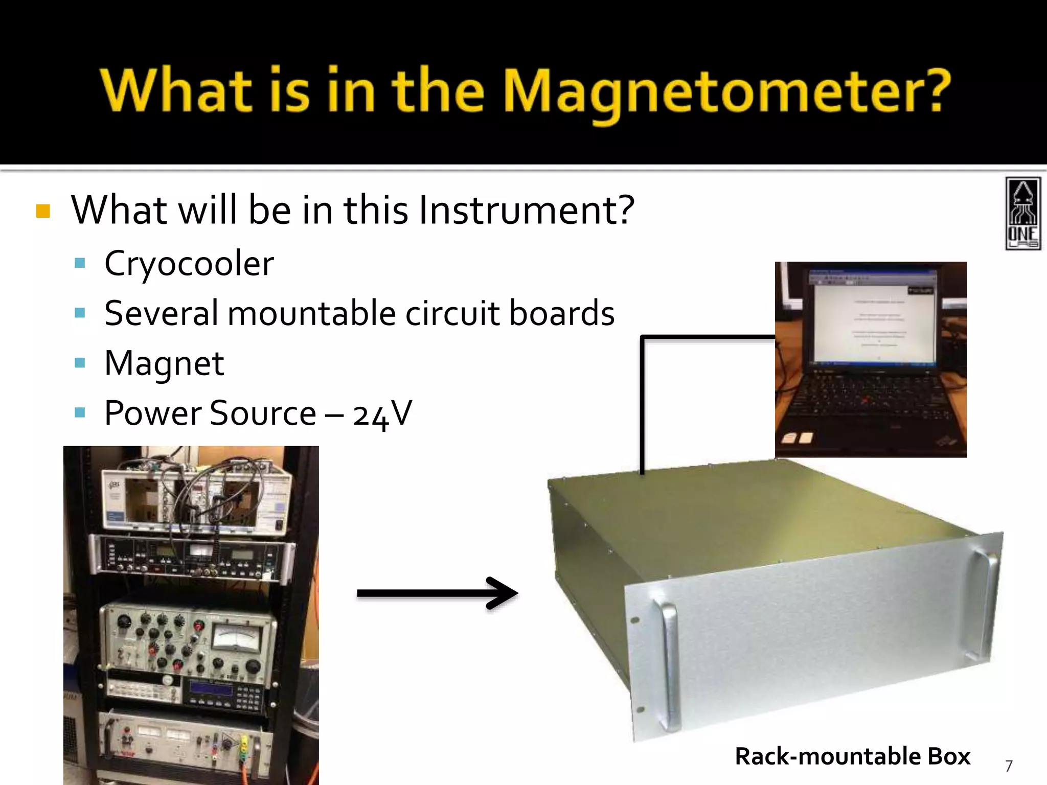  What will be in this Instrument?
 Cryocooler
 Several mountable circuit boards
 Magnet
 Power Source – 24V
Rack-mountable Box 7
 