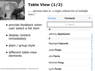 Human Interface Guidlines for Mobile Applications - Martin Ebner 2014
Table View (1/2)
„ ... presents data in a single-column list of multiple
rows.“
• provide feedback when
user select a list item 
• display content
immediately 
• plain / group style 
• different table-view
elements 
 
 
 
 