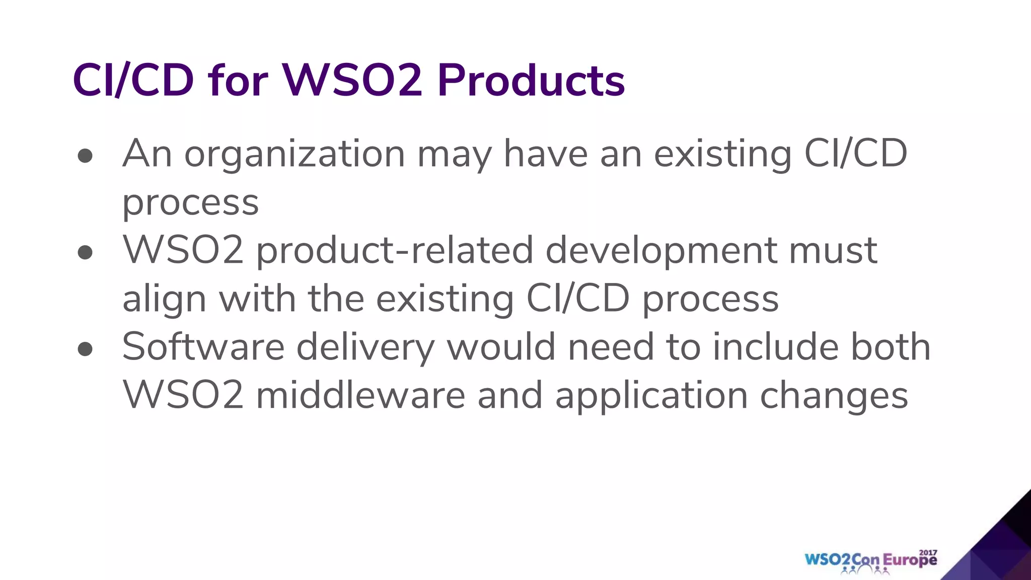 • An organization may have an existing CI/CD
process
• WSO2 product-related development must
align with the existing CI/CD process
• Software delivery would need to include both
WSO2 middleware and application changes
CI/CD for WSO2 Products
 