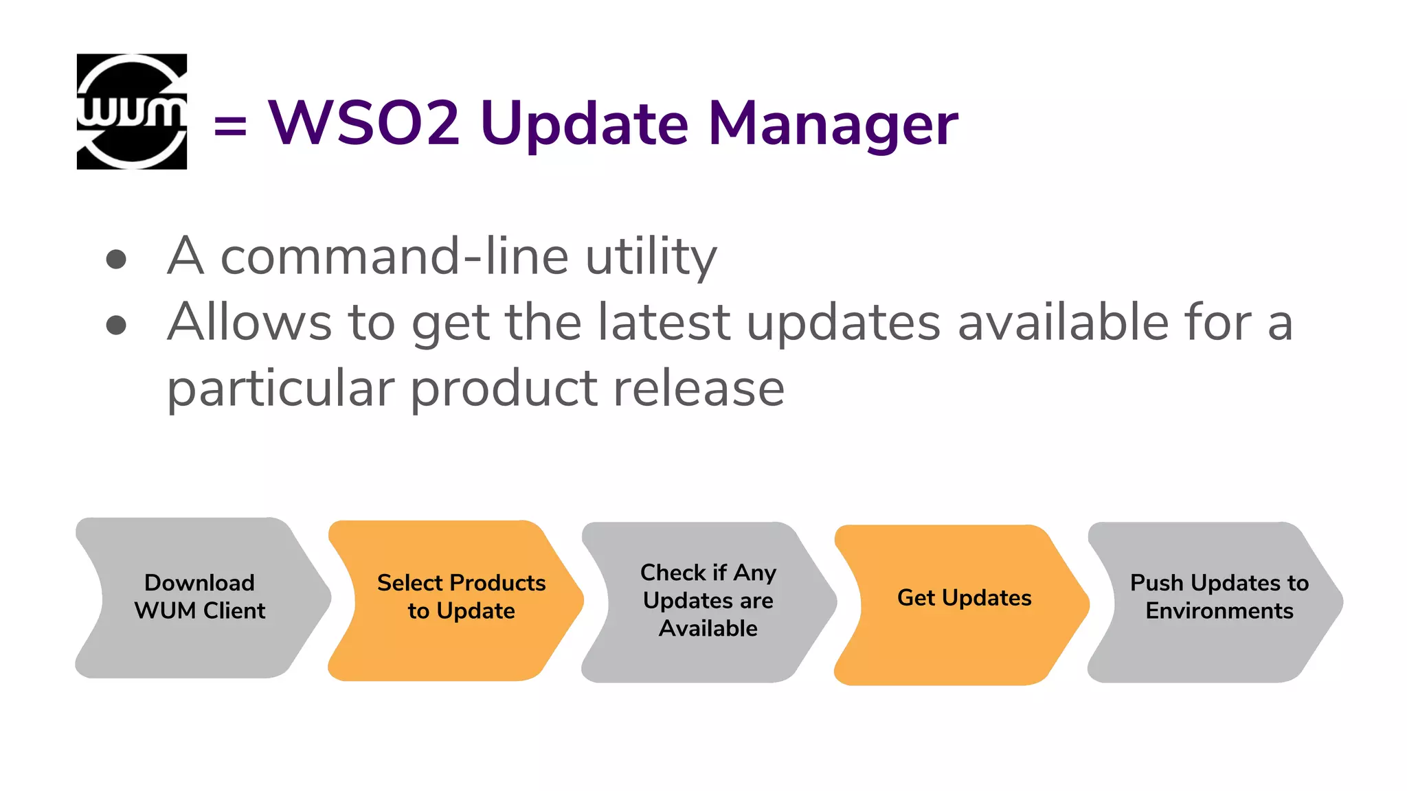 = WSO2 Update Manager
• A command-line utility
• Allows to get the latest updates available for a
particular product release
Download
WUM Client
Select Products
to Update
Check if Any
Updates are
Available
Get Updates
Push Updates to
Environments
 