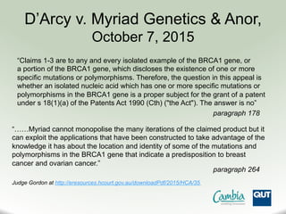 “Claims 1-3 are to any and every isolated example of the BRCA1 gene, or
a portion of the BRCA1 gene, which discloses the existence of one or more
specific mutations or polymorphisms. Therefore, the question in this appeal is
whether an isolated nucleic acid which has one or more specific mutations or
polymorphisms in the BRCA1 gene is a proper subject for the grant of a patent
under s 18(1)(a) of the Patents Act 1990 (Cth) ("the Act"). The answer is no”
“……Myriad cannot monopolise the many iterations of the claimed product but it
can exploit the applications that have been constructed to take advantage of the
knowledge it has about the location and identity of some of the mutations and
polymorphisms in the BRCA1 gene that indicate a predisposition to breast
cancer and ovarian cancer.”
paragraph 178
Judge Gordon at http://eresources.hcourt.gov.au/downloadPdf/2015/HCA/35
paragraph 264
D’Arcy v. Myriad Genetics & Anor,
October 7, 2015
 