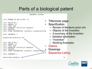 Parts of a biological patent
•  Title/cover page
•  Specification
–  Review of literature (prior art)
–  Objects of the Invention
–  A summary of the Invention
–  Detailed information
–  “Invention”
–  Working Examples
•  Claims
•  Drawings
•  Sequence Listing
 