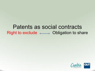 Patents as social contracts
Right to exclude Obligation to share
 