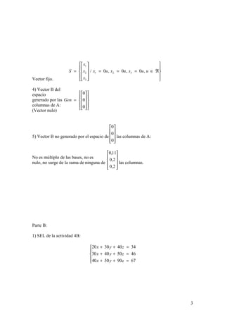 Vector fijo.
4) Vector B del
espacio
generado por las
columnas de A:
(Vector nulo)
5) Vector B no generado por el espacio de las columnas de A:
No es múltiplo de las bases, no es
nulo, no surge de la suma de ninguna de las columnas.
Parte B:
1) SEL de la actividad 4B:




















=










ℜ∈===










=
0
0
0
,0,0,0/ 321
3
2
1
Gen
uuxuxux
x
x
x
S










0
0
0










2,0
2,0
11,0
6790
4650
3440
50
40
30
40
30
20
=+
=+
=+
+
+
+





z
z
z
y
y
y
x
x
x
3
 