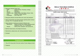 4 C u r r i c u l u m V i t a e T r a n s k i p N i l a i S e m e n t a r a 5
•	 Menguasai softwares design yaitu:
	 Grafis	 	 : Adobe Illustrator, Photoshop, Indesign.
	3D			: Sketchup.
	 Website		 : Adobe Muse.
	 Animasi & video	 : Adobe Premier, After Effects, Director, Flash.
	 Audio			 : Audiotion, N-track, Audiocity
	 Presentation	 : Prezi, Flash, PPT
•	 Menguasai softwares microsoft office word, excel, dan powerpoint.
•	 Dapat mengoprasikan dan bekerja dengan operating sistem windows
     xp, vista, 7, 8.1, 10, macintosh, dan linux.
•	 Dapat melakukan maintenance komputer & Network yaitu
	 Maintenance	 : Merakit komputer dan Instalasi operating system
	 	 	 	   windows xp, vista, 7, 8.1, 10 macintosh.
	 Network		 : Setting router, accespoint, LAN, security PC.
•	 Memiliki motivasi besar untuk belajar hal-hal baru.
•	 Berkomitmen, pekerja keras, dan motivasi pemecahan masalah
•	 Konseptor
Kualifikasi Skill
•	 Tahun 2014 kerja pratik di Numotion selama 3 bulan sebagai animator
•	 Freelancer
Pengalaman Kerja
 