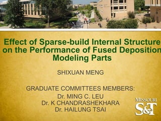 Effect of Sparse-build Internal Structure
on the Performance of Fused Deposition
Modeling Parts
SHIXUAN MENG
GRADUATE COMMITTEES MEMBERS:
Dr. MING C. LEU
Dr. K CHANDRASHEKHARA
Dr. HAILUNG TSAI
 