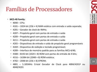 Famílias de Processadores
• MCS-40 Family:
  • 4040 – CPU;
  • 4101 – 1024-bit (256 × 4) RAM estática com entrada e saída separada;
  • 4201 – Gerador de clock de 4MHz;
  • 4207 – Propósito geral com portas de entrada e saída
  • 4209 – Propósito geral com portas de entrada e saída
  • 4211 – Propósito geral com portas de entrada e saída
  • 4265 – Dispositivos de entrada e saída de propósito geral programáveis
  • 4269 – Dispositivo de exibição e teclado programável;
  • 4289 – Interface de memória padrão para as famílias MCS-4/40;
  • 4308 – 8192-bit (1024 × 8) ROM com portas de entrada de 4 bits;
  • 4316 – 16384-bit (2048 × 8) ROM estática;
  • 4702 – 2048-bit (256 × 8) EPROM;                                         14
  • 4801 – 5.185MHz Cristal Gerador de Clock para 4004/4201ª ou
    4040/4201
 
