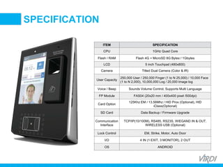 BIOMETRIC
ACCESS &
TIME ATTENDANCE
SPECIFICATION
ITEM SPECIFICATION
CPU 1GHz Quad Core
Flash / RAM Flash 4G + MicroSD 8G Bytes / 1Gbytes
LCD 5 inch Touchpad (480x800)
Camera Titled Dual Camera (Color & IR)
User Capacity
250,000 User / 250,000 Finger (1 to N 25,000) / 10,000 Face
(1 to N 2,000), 10,000,000 Log / 20,000 Image log
Voice / Beep Sounds Volume Control, Supports Multi Language
FP Module FAS04 (20x20 mm / 400x400 pixel /500dpi)
Card Option
125Khz EM / 13.56Mhz / HID Prox (Optional), HID
iClass(Optional)
SD Card Data Backup / Firmware Upgrade
Communication
Interface
TCP/IP(10/100M), RS485, RS23S, WIEGAND IN & OUT,
WIRELESS USB (Optional)
Lock Control EM, Strike, Motor, Auto Door
I/O 4 IN (1 EXIT, 3 MONITOR), 2 OUT
OS ANDROID
 