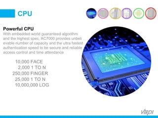 BIOMETRIC
ACCESS &
TIME ATTENDANCE
Powerful CPU
With embedded world guaranteed algorithm
and the highest spec, AC7000 provides unbeli
evable number of capacity and the ultra fastest
authentication speed to be secure and reliable
access control and time attendance
CPU
10,000 FACE
2,000 1 TO N
250,000 FINGER
25,000 1 TO N
10,000,000 LOG
 