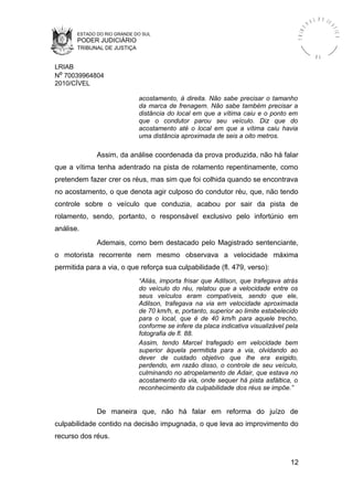 ESTADO DO RIO GRANDE DO SUL
PODER JUDICIÁRIO
TRIBUNAL DE JUSTIÇA
TRIBU
N A L D E J U
STIÇA
R S
LRIAB
Nº 70039964804
2010/CÍVEL
acostamento, à direita. Não sabe precisar o tamanho
da marca de frenagem. Não sabe também precisar a
distância do local em que a vítima caiu e o ponto em
que o condutor parou seu veículo. Diz que do
acostamento até o local em que a vítima caiu havia
uma distância aproximada de seis a oito metros.
Assim, da análise coordenada da prova produzida, não há falar
que a vítima tenha adentrado na pista de rolamento repentinamente, como
pretendem fazer crer os réus, mas sim que foi colhida quando se encontrava
no acostamento, o que denota agir culposo do condutor réu, que, não tendo
controle sobre o veículo que conduzia, acabou por sair da pista de
rolamento, sendo, portanto, o responsável exclusivo pelo infortúnio em
análise.
Ademais, como bem destacado pelo Magistrado sentenciante,
o motorista recorrente nem mesmo observava a velocidade máxima
permitida para a via, o que reforça sua culpabilidade (fl. 479, verso):
“Aliás, importa frisar que Adilson, que trafegava atrás
do veículo do réu, relatou que a velocidade entre os
seus veículos eram compatíveis, sendo que ele,
Adilson, trafegava na via em velocidade aproximada
de 70 km/h, e, portanto, superior ao limite estabelecido
para o local, que é de 40 km/h para aquele trecho,
conforme se infere da placa indicativa visualizável pela
fotografia de fl. 88.
Assim, tendo Marcel trafegado em velocidade bem
superior àquela permitida para a via, olvidando ao
dever de cuidado objetivo que lhe era exigido,
perdendo, em razão disso, o controle de seu veículo,
culminando no atropelamento de Adair, que estava no
acostamento da via, onde sequer há pista asfáltica, o
reconhecimento da culpabilidade dos réus se impõe.”
De maneira que, não há falar em reforma do juízo de
culpabilidade contido na decisão impugnada, o que leva ao improvimento do
recurso dos réus.
12
 