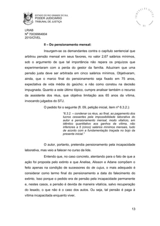 ESTADO DO RIO GRANDE DO SUL
PODER JUDICIÁRIO
TRIBUNAL DE JUSTIÇA
TRIBU
N A L D E J U
STIÇA
R S
LRIAB
Nº 70039964804
2010/CÍVEL
II – Do pensionamento mensal:
Insurgem-se os demandantes contra o capítulo sentencial que
arbitrou pensão mensal em seus favores, no valor 2,67 salários mínimos,
sob o argumento de que tal importância não repara os prejuízos que
experimentaram com a perda do gestor da família. Aduziram que uma
pensão justa deve ser arbitrada em cinco salários mínimos. Objetivaram,
ainda, que o marco final do pensionamento seja fixado em 75 anos,
expectativa de vida média do gaúcho; e não como constou na decisão
impugnada. Quanto a este último tópico, cumpre analisar também o recurso
da assistente dos réus, que objetiva limitação aos 65 anos da vítima,
invocando julgados do STJ.
O pedido foi o seguinte (fl. 09, petição inicial, item nº 6.3.2.):
“6.3.2. – condenar os réus, ao final, ao pagamento dos
lucros cessantes pela impossibilidade laborativa do
autor e pensionamento mensal, modo vitalício, em
idêntico quantitativo aos ganhos da vítima, não
inferiores a 5 (cinco) salários mínimos mensais, tudo
de acordo com a fundamentação traçada no bojo da
presente inicial.”
O autor, portanto, pretendia pensionamento pela incapacidade
laborativa, mas veio a falecer no curso da lide.
Entendo que, no caso concreto, atentando para o fato de que a
ação foi proposta pelo extinto e que Anelise, Alisson e Adane compõem o
feito apenas na condição de sucessores do de cujus, o mais adequado é
considerar como termo final do pensionamento a data do falecimento do
extinto. Isso porque o pedido era de pensão pela incapacidade permanente
e, nestes casos, a pensão é devida de maneira vitalícia, salvo recuperação
do lesado, o que não é o caso dos autos. Ou seja, tal pensão é paga à
vítima incapacitada enquanto viver.
13
 
