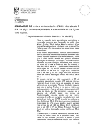 ESTADO DO RIO GRANDE DO SUL
PODER JUDICIÁRIO
TRIBUNAL DE JUSTIÇA
TRIBU
N A L D E J U
STIÇA
R S
LRIAB
Nº 70039964804
2010/CÍVEL
SEGURADORA S/A contra a sentença das fls. 474/485, integrada pela fl.
515, que julgou parcialmente procedente a ação ordinária em que figuram
como litigantes.
O dispositivo sentencial assim determinou (fls. 484/485):
“Ante o exposto, julgo parcialmente procedente a
pretensão deduzida por Sucessão de Adair José
Wiest, Anelise Wiest, Adane Wiest e Alisson Wiest
contra Plano Engenharia e Imóveis Ltda. e Marcel Van
Hattem, para o fim de condenar os requeridos a pagar
aos autores:
a) os valores despendidos a título de danos materiais
para custeio dos tratamentos médicos realizados pela
vítima, inclusive despesas com medicamentos, sendo
que o valor devido deverá ser apurado mediante
liquidação de sentença por artigos, incidindo sobre o
montante apurado correção monetária pela variação
do índice do IGP-M, a contar da data do acidente, a
teor da Súmula 43 do STJ, bem como acrescidos de
juros legais de 12% ao ano desde o evento danoso,
nos termos do art. 406 do Código Civil, combinado
com o art. 161, § 1º, do Código Tributário Nacional,
tendo em vista a disposição contida na Súmula 54 do
STJ;
b) pensão mensal no valor equivalente a 2/3 do
montante equivalente a quatro (04) salários mínimos
nacional, desde evento morte até a ocasião em que a
vítima viesse a completar 70 anos de idade, na parte
que cabe à autora Anelise, e, no que se refere aos
autores Alisson e Adane, até que estes completem 25
anos de idade, se não contraírem núpcias até o
advento da referida idade, nos termos da
fundamentação exposta, sendo que os valores
vencidos deverão ser corrigidos monetariamente pela
variação do índice do IGP-M, a contar do acidente, a
teor da Súmula 43 do STJ, bem como acrescidos de
juros legais de 12% ao ano desde o evento danoso,
nos termos do art. 406 do Código Civil, combinado
com o art. 161, § 1º, do Código Tributário Nacional,
tendo em vista a disposição contida na Súmula 54 do
STJ;
c) indenização, a título de dano moral, no valor de R$
25.500,00 (vinte e cinco mil e quinhentos reais), para
cada um dos autores, passando a incidir, a partir
dessa data, correção monetária medida pela variação
3
 