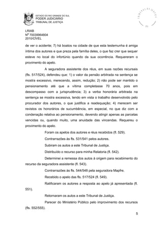 ESTADO DO RIO GRANDE DO SUL
PODER JUDICIÁRIO
TRIBUNAL DE JUSTIÇA
TRIBU
N A L D E J U
STIÇA
R S
LRIAB
Nº 70039964804
2010/CÍVEL
de ver o acidente; 7) há boatos na cidade de que esta testemunha é amiga
íntima dos autores e que preza pela família deles, o que faz crer que sequer
esteve no local do infortúnio quando da sua ocorrência. Requereram o
provimento do apelo.
A seguradora assistente dos réus, em suas razões recursais
(fls. 517/524), defendeu que: 1) o valor da pensão arbitrada na sentença se
mostra excessivo, merecendo, assim, redução; 2) não pode ser mantido o
pensionamento até que a vítima completasse 70 anos, pois em
descompasso com a jurisprudência; 3) a verba honorária arbitrada na
sentença se mostra excessiva, tendo em vista o trabalho desenvolvido pelo
procurador dos autores, o que justifica a readequação; 4) merecem ser
revistos os honorários de sucumbência, em especial, no que diz com a
condenação relativa ao pensionamento, devendo atingir apenas as parcelas
vencidas ou, quando muito, uma anuidade das vincendas. Requereu o
provimento do apelo.
Foram os apelos dos autores e réus recebidos (fl. 529).
Contrarrazões às fls. 531/541 pelos autores.
Subiram os autos a este Tribunal de Justiça.
Distribuído o recurso para minha Relatoria (fl. 542).
Determinei a remessa dos autos à origem para recebimento do
recurso da seguradora assistente (fl. 543).
Contrarrazões às fls. 544/548 pela seguradora Mapfre.
Recebido o apelo das fls. 517/524 (fl. 549).
Ratificaram os autores a resposta ao apelo já apresentada (fl.
551).
Retornaram os autos a este Tribunal de Justiça.
Parecer do Ministério Público pelo improvimento dos recursos
(fls. 552/555).
5
 