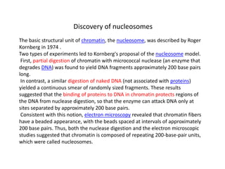 The basic structural unit of chromatin, the nucleosome, was described by Roger
Kornberg in 1974 .
Two types of experiments led to Kornberg's proposal of the nucleosome model.
First, partial digestion of chromatin with micrococcal nuclease (an enzyme that
degrades DNA) was found to yield DNA fragments approximately 200 base pairs
long.
In contrast, a similar digestion of naked DNA (not associated with proteins)
yielded a continuous smear of randomly sized fragments. These results
suggested that the binding of proteins to DNA in chromatin protects regions of
the DNA from nuclease digestion, so that the enzyme can attack DNA only at
sites separated by approximately 200 base pairs.
Consistent with this notion, electron microscopy revealed that chromatin fibers
have a beaded appearance, with the beads spaced at intervals of approximately
200 base pairs. Thus, both the nuclease digestion and the electron microscopic
studies suggested that chromatin is composed of repeating 200-base-pair units,
which were called nucleosomes.
Discovery of nucleosomes
 