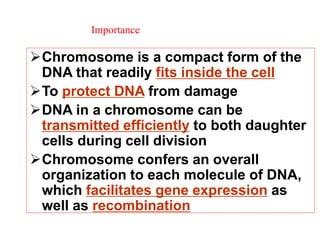 Chromosome is a compact form of the
DNA that readily fits inside the cell
To protect DNA from damage
DNA in a chromosome can be
transmitted efficiently to both daughter
cells during cell division
Chromosome confers an overall
organization to each molecule of DNA,
which facilitates gene expression as
well as recombination
Importance
 