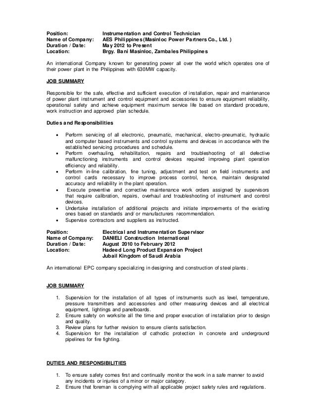 Instrument Technician Job Description Resume Instrument Technician Job Description Resume