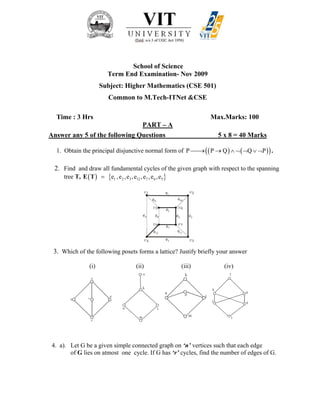 School of Science
Term End Examination- Nov 2009
Subject: Higher Mathematics (CSE 501)
Common to M.Tech-ITNet &CSE
Time : 3 Hrs Max.Marks: 100
PART – A
Answer any 5 of the following Questions 5 x 8 = 40 Marks
1. Obtain the principal disjunctive normal form of ( ) ( )( )P P Q Q P⎯⎯→ → ∧ ¬ ¬ ∨ ¬ .
2. Find and draw all fundamental cycles of the given graph with respect to the spanning
tree T, ( ) { }1 2 3 12 7 6 5e ,e ,e ,e ,e ,e ,e=E T
3. Which of the following posets forms a lattice? Justify briefly your answer
(i) (ii) (iii) (iv)
4. a). Let G be a given simple connected graph on ‘n’ vertices such that each edge
of G lies on atmost one cycle. If G has ‘r’ cycles, find the number of edges of G.
1e
2e
7e
5e
4e 6e8e
9e 10e
12e 11e
3e
a
b c
d
e
k
l
m
n o
f
g
h
I
j
kk
l
o
n
m
 