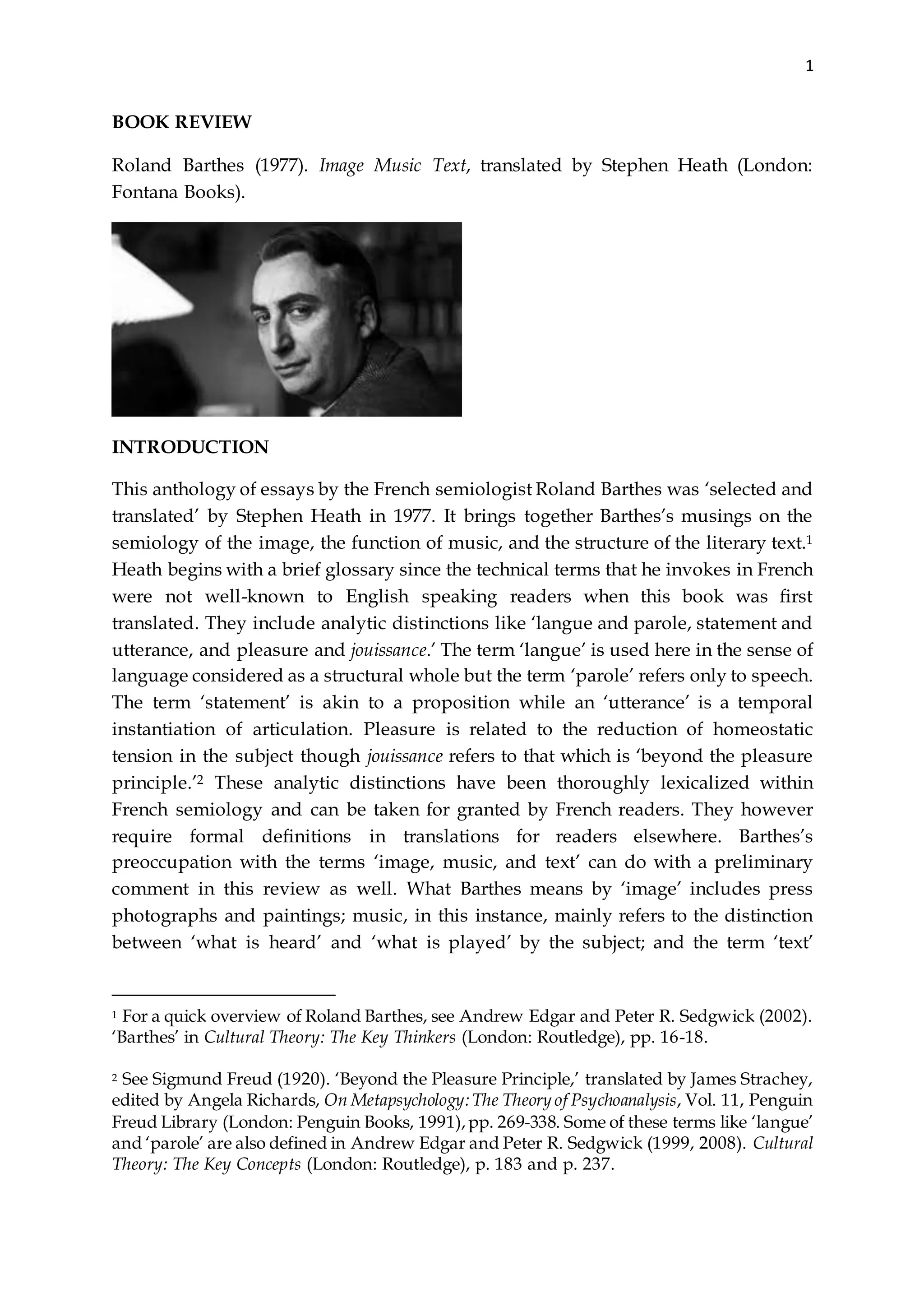Review of Roland Barthes's Image Music Text | DOCX