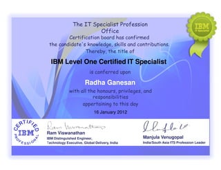 The IT Specialist Profession
Office
Certification board has confirmed
the candidate's knowledge, skills and contributions.
Thereby, the title of
is conferred upon
IBM Level One Certified IT SpecialistIBM Level One Certified IT Specialist
Radha GanesanRadha Ganesan
Ram Viswanathan
IBM Distinguished Engineer,
Technology Executive, Global Delivery, India
Manjula Venugopal
India/South Asia ITS Profession Leader
with all the honours, privileges, and
responsibilities
appertaining to this day
Radha GanesanRadha Ganesan
16 January 2012
 