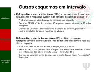 Ψ
Outros esquemas em intervalo
● Reforço diferencial de altas taxas (DRH) – Uma resposta é reforçada
se ao menos n respostas tiverem sido emitidas durante os últimos t s
– Produz frequências altas de resposta espaçadas no intervalo
– Exemplo: DRH10 s/15 – As primeiras 15 respostas em um intervalo de 10 s são
reforçadas
– Exemplo da vida real: Para vencer uma maratona de bicicleta, precisamos
emitir x pedaladas durante a maratona de y horas
● Reforço diferencial de baixas taxas (DRL) – Uma resposta é
reforçada somente quando pelo menos t s tenham transcorrido desde a
última resposta
– Produz frequências baixas de resposta espaçadas no intervalo
– Exemplo: DRL10 – A primeira resposta após 10 s é reforçada, mas se o animal
responder antes dos 10 s o animal passa por timeout de 10 s
– Exemplo da vida real: Limite de respostas em sala de aula (aluno “monopoliza”
discussão)
Modelagem
Reforçamento
em intervalos
Reforçamento
em razão
 