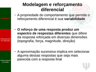 Ψ
Modelagem e reforçamento
diferencial
● A propriedade do comportamento que permite o
reforçamento diferencial é sua variabilidade
● O reforço de uma resposta produz um
espectro de respostas diferentes que difere
da resposta reforçada em diversas dimensões
(topografia, força, magnitude, direção)
● A aproximação sucessiva implica em selecionar
alguma dessas respostas que seja mais
parecida com a resposta final
Modelagem
Reforçamento
em intervalos
Reforçamento
em razão
 