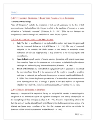 Task 3
3.1 CONTRASTING LIABILITY IN TORT WITH CONTRACTUAL LIABILITY
Tort and contact liability:
"Law of Obligations" includes the regulation of tort and of agreement, but the law of tort
concerns to every individual that it is relevant to, while in the regulation of contract or in trusts
obligation is "Voluntarily Assumed" (DiMatteo, L. A. 1998). While the tort damages are
compensatory, contract damages are established on losses that are expected.

3.2 THE NATURE OF LIABILITY IN NEGLIGENCE
i.

Duty:The duty is an obligation of one individual to another individual, it is conceived
form the communal desires and beliefs(DiMatteo, L. A. 1998). The glue of communal
obligation is the threaded that binds humans to one another in assemblies where
preferences are advised inappropriately if they contravene a pre-existing impulse and
restore hastily.

ii.

Cause in Fact:A small number of trouble are more fascinating, with tenacity more vague
then causation. Based on the surrounds and performances an individual might select to
take steps and avoid doing silly dramatics in assured(DiMatteo, L. A. 1998).

iii.

Breach of Contract:In the contract tort of negligence,breach of agreement is considered
the most significant thing. It is the demeanour of the people to proceed as areckless
individual or party and not performing the agreement terms and conditions(DiMatteo, L.
A. 1998). This element implies the pre-existence of a standard of correct demeanour to
avoid imposing undue risks of damage to people. NAMS has breached the agreement
when they have halted the promotion and marketing of TAM’s college for one week.

3.3 VICARIOUS LIABILITY IN BUSINESS
Generally, a company will be responsible for any tort pledged while a worker is conducting their
obligations.It is a doctrine of English tort regulation that imposes firm liability on employers for
the wrongdoings of their employees (Leibee, B. C. 1976). Vicarious responsibility refers to the
fact that anybody can be detained legally or to blame for the lacking concentration actions of a
distinct one-by-one even regardless of the fact that someone overwhelms no mistake in
furtherance of the inattentive or tortuous acts(DiMatteo, L. A. 1998).
10 | P a g e

 