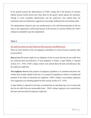 In the granted scenario the administration of TAM’s college fell in the doctrine of vicarious
liability because lawful actions have been taken by the guard’s family against the institution.
Though to avoid woundsthe administration and the supervisors were alerted about the
misfortunes and were furthermore suggested to wear proper clothing for the non-teaching staffs.
The administration refused to give any reimbursement to the staff thatwasinjuredas he did not
listen to the organization’s policies,but because of the doctrine of vicarious liability the TAM’s
college are compelled to pay the compensation.

Task 4
4.1 APPLICATION OF THE TORT OF NEGLIGENCE AND DEFENCES
There are some elements of the tort negligence and defences in various business situations, they
are given below
Duty of care:The person might owe an obligation of care to ensure that they do not suffer from
any awkward harm and deficiency. If such obligation is broken, a legal liability is imposed
(Leibee, B. C. 1976). TAM’s college workers were alerted about the harm and deficiency that
the employees might face.
Tort negligence law:the basic purpose of negligence regulation is to command and protect the
workers from wounds related to their line. It is a pattern of regulation in which it is founded and
operated in the realm of intentional tort regulation. TAM’s college’s non-teaching employees
were suggested to use shielding apparel for their security (Leibee, B. C. 1976).
A legal liability is imposed if such duty is breached that an individual may owe to ensure that
they do not suffer from any unreasonable harm. TAM’s college employees were warned about
the harm and losses that the employees might face.

11 | P a g e

 