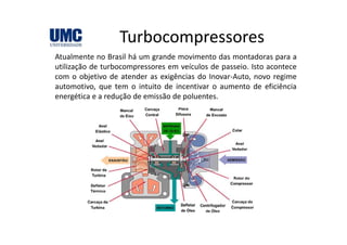 TurbocompressoresTurbocompressores
Atualmente no Brasil há um grande movimento das montadoras para a
utilização de turbocompressores em veículos de passeio Isto aconteceutilização de turbocompressores em veículos de passeio. Isto acontece
com o objetivo de atender as exigências do Inovar‐Auto, novo regime
automotivo, que tem o intuito de incentivar o aumento de eficiência
éti d ã d i ã d l tenergética e a redução de emissão de poluentes.
 