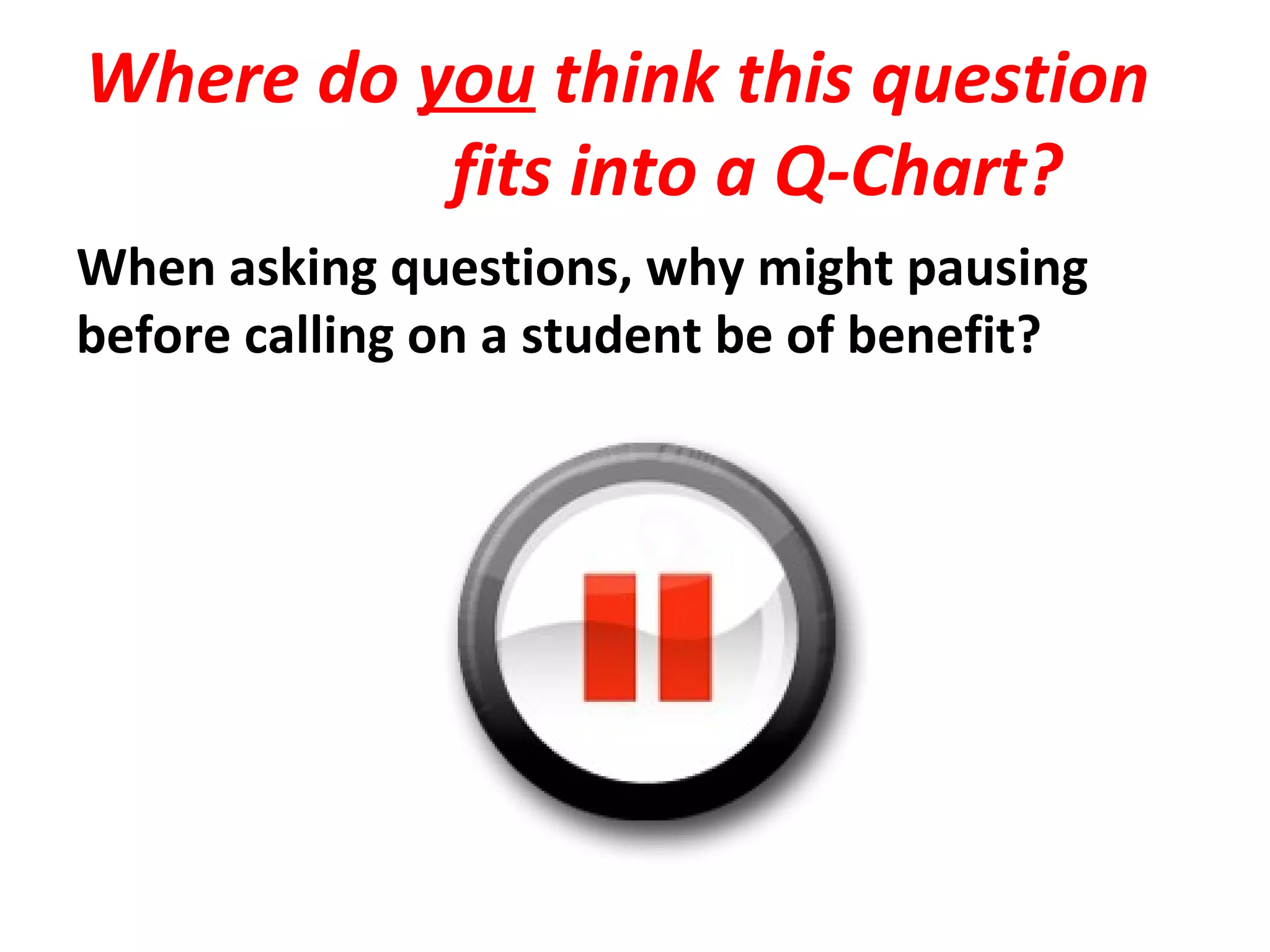 Where do you think this question
fits into a Q-Chart?
When asking questions, why might pausing
before calling on a student be of benefit?
 