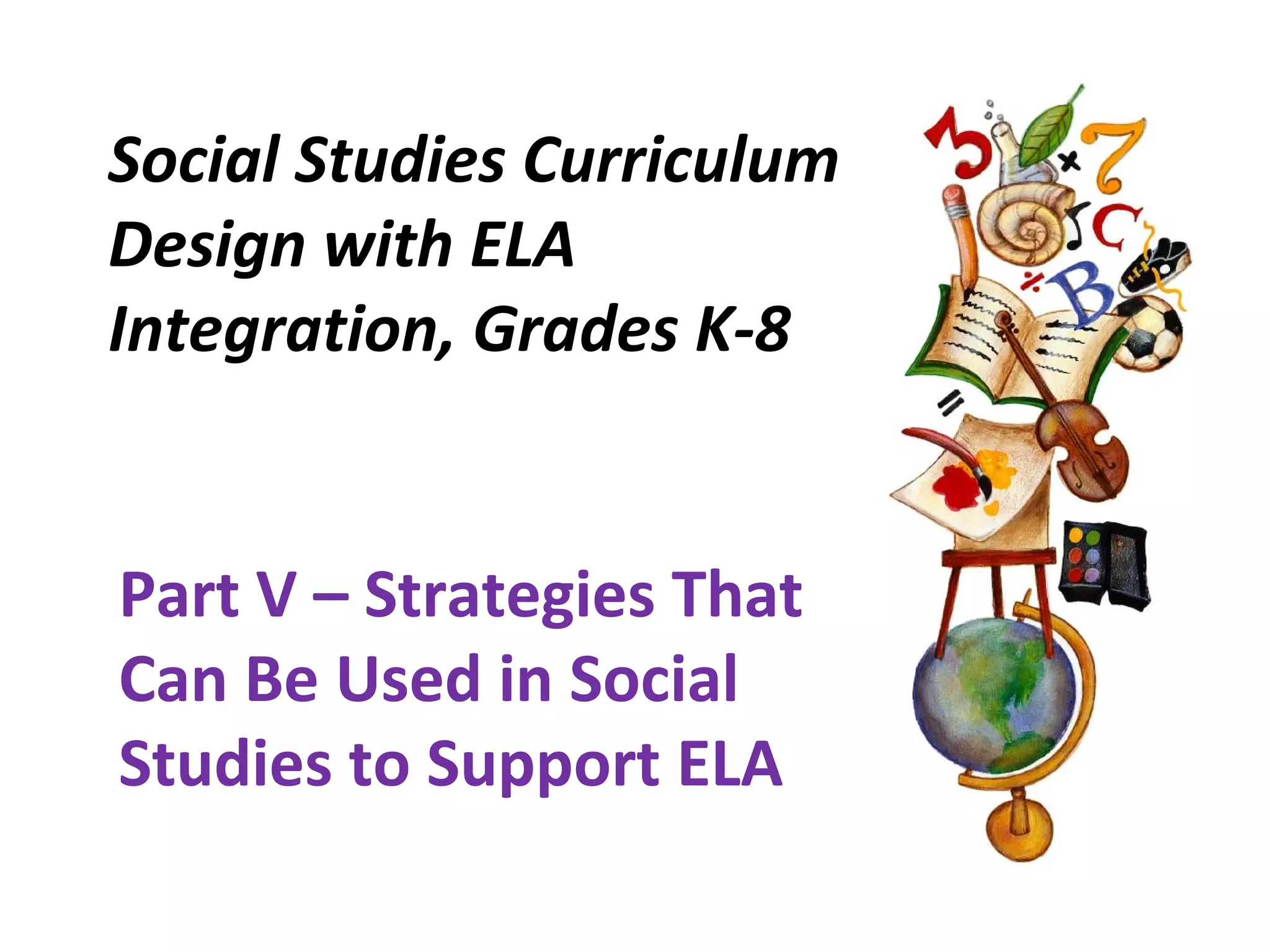 Social Studies Curriculum
Design with ELA
Integration, Grades K-8
Part V – Strategies That
Can Be Used in Social
Studies to Support ELA
 
