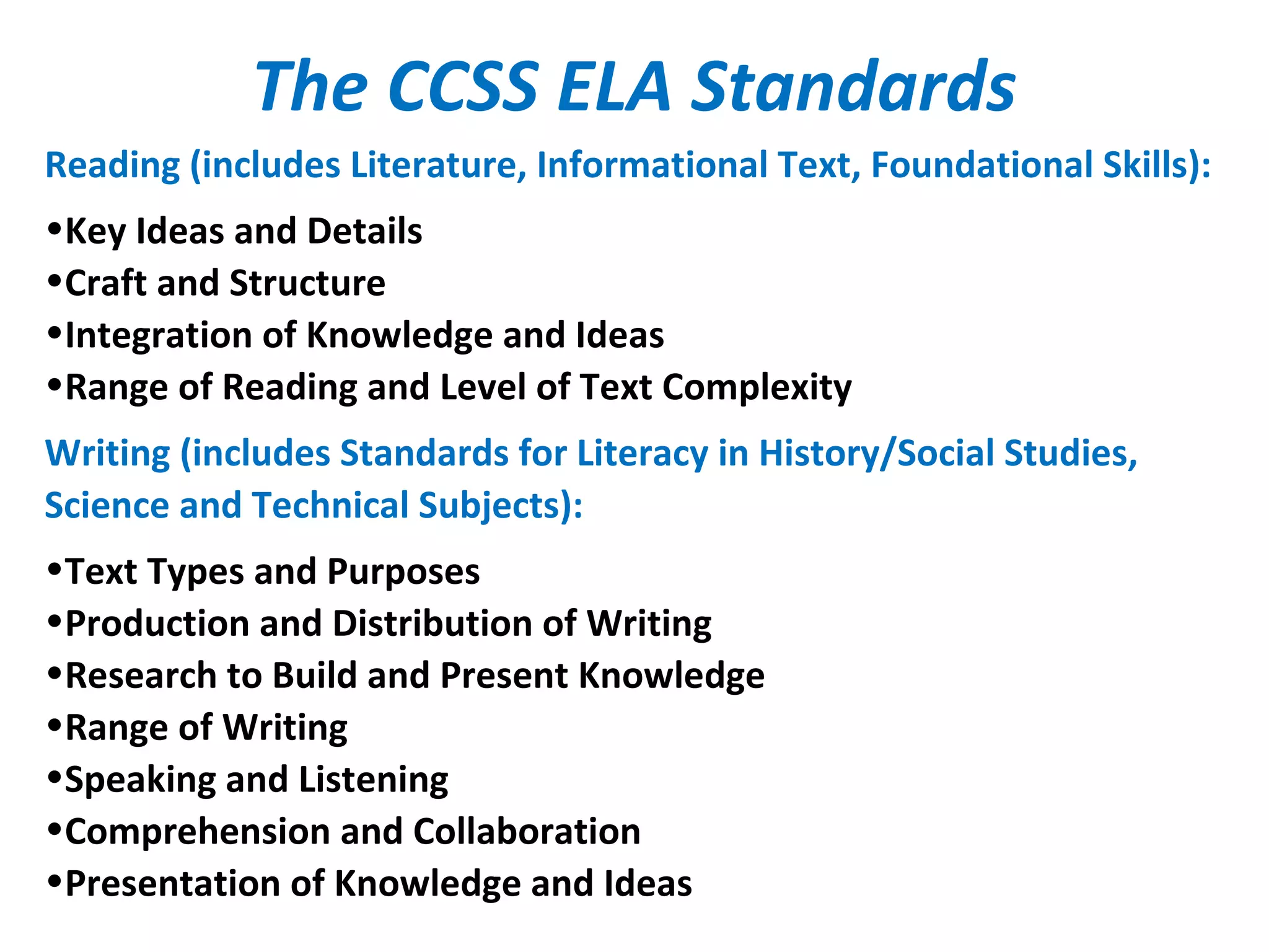 The CCSS ELA Standards
Reading (includes Literature, Informational Text, Foundational Skills):
•Key Ideas and Details
•Craft and Structure
•Integration of Knowledge and Ideas
•Range of Reading and Level of Text Complexity
Writing (includes Standards for Literacy in History/Social Studies,
Science and Technical Subjects):
•Text Types and Purposes
•Production and Distribution of Writing
•Research to Build and Present Knowledge
•Range of Writing
•Speaking and Listening
•Comprehension and Collaboration
•Presentation of Knowledge and Ideas
 