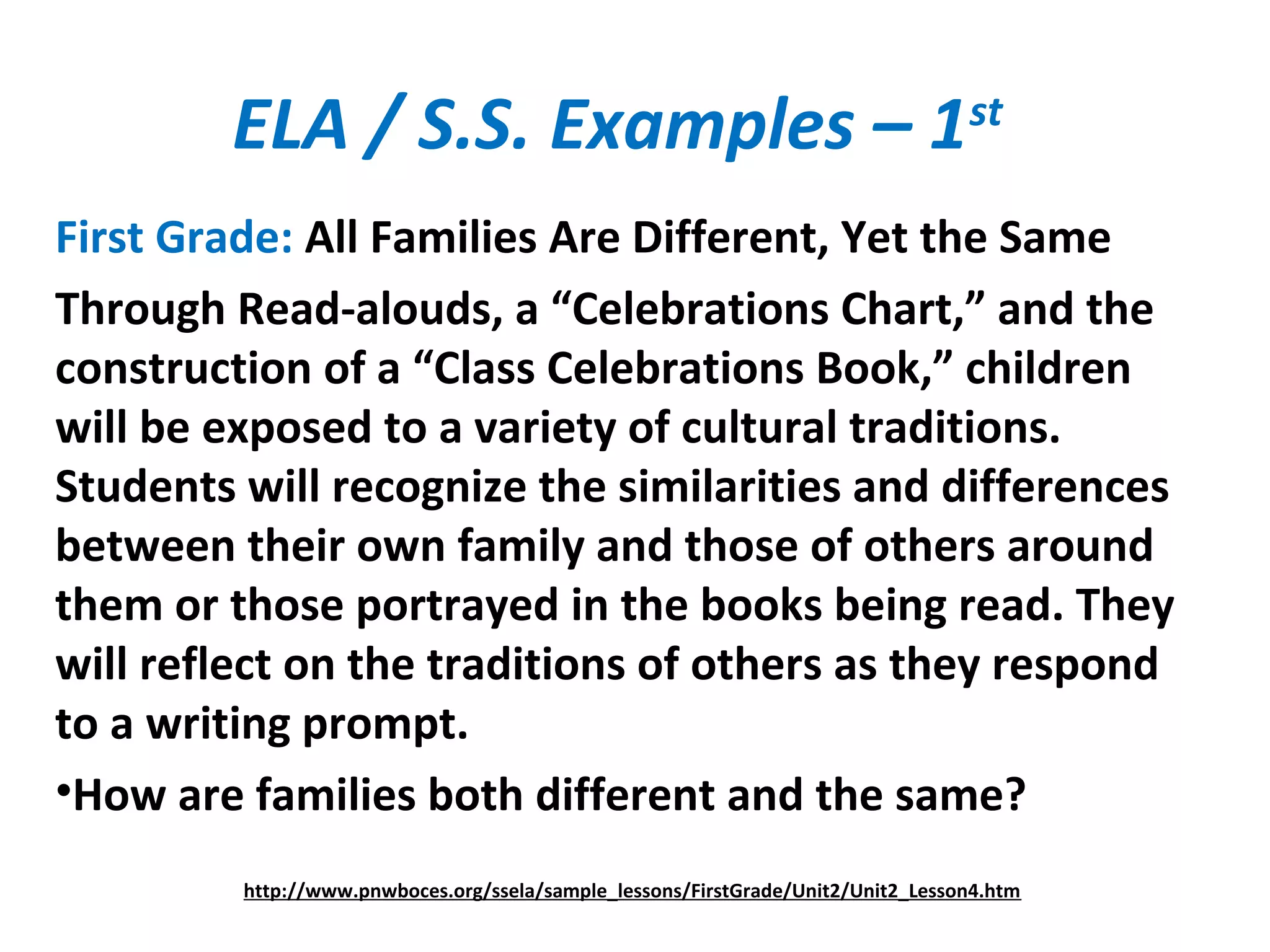 ELA / S.S. Examples – 1st
First Grade: All Families Are Different, Yet the Same
Through Read-alouds, a “Celebrations Chart,” and the
construction of a “Class Celebrations Book,” children
will be exposed to a variety of cultural traditions.
Students will recognize the similarities and differences
between their own family and those of others around
them or those portrayed in the books being read. They
will reflect on the traditions of others as they respond
to a writing prompt.
•How are families both different and the same?
http://www.pnwboces.org/ssela/sample_lessons/FirstGrade/Unit2/Unit2_Lesson4.htm
 