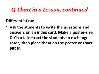 Q-Chart in a Lesson, continued
Differentiation:
• Ask the students to write the questions and
answers on an index card. Make a poster-size
Q-Chart. Instruct the students to exchange
cards, then place them on the poster or chart
paper.
 