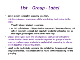 List – Group - Label
• Select a main concept in a reading selection.
• List: Have students brainstorm all the words they think relate to the
topic.
– Visually display student responses.
– At this point do not critique student responses. Some words may not
reflect the main concept, but hopefully students will realize this as
they begin grouping the words in the next step.
• Group: Divide your class into small groups. Each group will work to
cluster the class list of words into subcategories. As groups of words
emerge, challenge your students to explain their reasoning for placing
words together or discarding them.
• Label: Invite students to suggest a title or label for the groups of words
they have formed. These labels should relate to their reasoning for the
grouping.
 