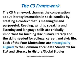 The C3 Framework
The C3 Framework changes the conversation
about literacy instruction in social studies by
creating a context that is meaningful and
purposeful. Reading, writing, speaking and
listening and language skills are critically
important for building disciplinary literacy and
the skills needed for college, career, and civic life.
Each of the Four Dimensions are strategically
aligned to the Common Core State Standards for
ELA and Literacy in History/Social Studies.
http://www.socialstudies.org/c3/c3framework
 