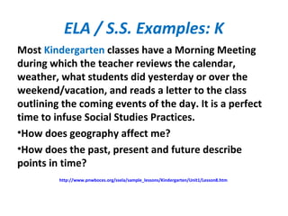 ELA / S.S. Examples: K
Most Kindergarten classes have a Morning Meeting
during which the teacher reviews the calendar,
weather, what students did yesterday or over the
weekend/vacation, and reads a letter to the class
outlining the coming events of the day. It is a perfect
time to infuse Social Studies Practices.
•How does geography affect me?
•How does the past, present and future describe
points in time?
http://www.pnwboces.org/ssela/sample_lessons/Kindergarten/Unit1/Lesson8.htm
 