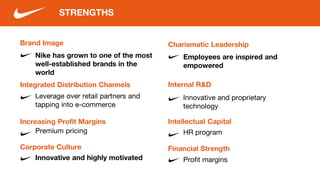 Brand Image
Nike has grown to one of the most
well-established brands in the
world
STRENGTHS
Integrated Distribution Channels
Increasing Profit Margins
Corporate Culture
Leverage over retail partners and
tapping into e-commerce
Innovative and highly motivated
Premium pricing
Charismatic Leadership
Employees are inspired and
empowered
Internal R&D
Intellectual Capital
Financial Strength
Innovative and proprietary
technology
Profit margins
HR program
 