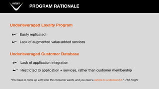 PROGRAM RATIONALE
Underleveraged Loyalty Program
Easily replicated
Lack of augmented value-added services
Underleveraged Customer Database
Lack of application integration
Restricted to application + services, rather than customer membership
“You have to come up with what the consumer wants, and you need a vehicle to understand it.” -Phil Knight
 