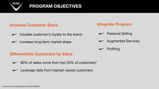 PROGRAM OBJECTIVES
Increase Customer Share
Insulate customer’s loyalty to the brand
Increase long-term market share
Differentiate Customers by Value
80% of sales come from top 20% of customers¹
Leverage data from highest valued customers
1. https://www.entrepreneur.com/article/229294
Integrate Program
Personal Selling
Augmented Services
Profiling
 