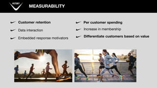 MEASURABILITY
Data interaction
Embedded response motivators
Increase in membership
Differentiate customers based on value
Customer retention Per customer spending
 