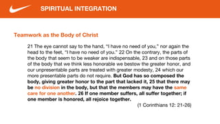 Teamwork as the Body of Christ
SPIRITUAL INTEGRATION
21 The eye cannot say to the hand, “I have no need of you,” nor again the
head to the feet, “I have no need of you.” 22 On the contrary, the parts of
the body that seem to be weaker are indispensable, 23 and on those parts
of the body that we think less honorable we bestow the greater honor, and
our unpresentable parts are treated with greater modesty, 24 which our
more presentable parts do not require. But God has so composed the
body, giving greater honor to the part that lacked it, 25 that there may
be no division in the body, but that the members may have the same
care for one another. 26 If one member suffers, all suffer together; if
one member is honored, all rejoice together.
(1 Corinthians 12: 21-26)
 