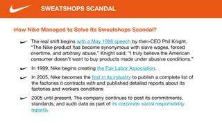 How Nike Managed to Solve Its Sweatshops Scandal?
The real shift begins with a May 1998 speech by then-CEO Phil Knight.
“The Nike product has become synonymous with slave wages, forced
overtime, and arbitrary abuse,” Knight said. “I truly believe the American
consumer doesn’t want to buy products made under abusive conditions.”
In 1999, Nike begins creating the Fair Labor Association.
In 2005, Nike becomes the first in its industry to publish a complete list of
the factories it contracts with and published detailed reports about its
factories and workers conditions
2005 until present, The company continues to post its commitments,
standards, and audit data as part of its corporate social responsibility
reports.
SWEATSHOPS SCANDAL
 