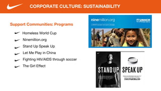 Support Communities: Programs
Homeless World Cup
Ninemillion.org
Stand Up Speak Up
Let Me Play in China
Fighting HIV/AIDS through soccer
The Girl Effect
CORPORATE CULTURE: SUSTAINABILITY
 
