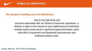 The dangers to pulling out of all distributors
Due to the high fixed cost
structure associated with our Direct to Consumer operations, a
decline in sales or the closure or poor performance of individual
multiple stores could result in significant lease termination costs,
write-offs of equipment and leasehold improvements and
employee-related costs.
VIABLE ALTERNATIVE I
Source: Nike Inc., 2015 10 K Annual Report
 