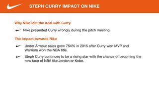 The impact towards Nike
Under Armour sales grew 754% in 2015 after Curry won MVP and
Warriors won the NBA title.
Steph Curry continues to be a rising star with the chance of becoming the
new face of NBA like Jordan or Kobe.
STEPH CURRY IMPACT ON NIKE
Why Nike lost the deal with Curry
Nike presented Curry wrongly during the pitch meeting
 