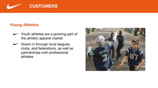 Young Athletes
Youth athletes are a growing part of
the athletic apparel market
Drawn in through local leagues,
clubs, and federations, as well as
partnerships with professional
athletes
CUSTOMERS
 