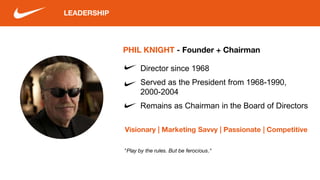 PHIL KNIGHT - Founder + Chairman
LEADERSHIP
Visionary | Marketing Savvy | Passionate | Competitive
Director since 1968
Served as the President from 1968-1990,
2000-2004
Remains as Chairman in the Board of Directors
"Play by the rules. But be ferocious."
 